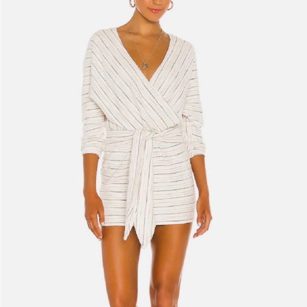 SAYLOR Cream and Tan Striped Wrap Dress